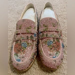 Betsey Johnson Bedazzled all-over rhinestone loafer. Floral pattern, size 10.